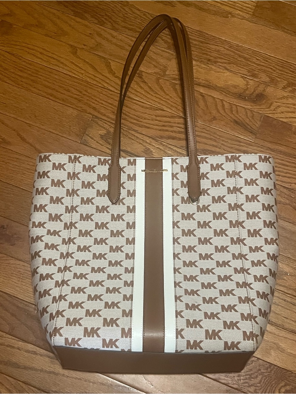 Michael Kors Cream and Brown MK Signature Stripe Tote